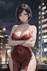 ada_wong ada_wong_(caroline_ribeiro) ai_art_panwho ai_generated asian asian_female big_breasts black_hair china_dress choker city cityscape cleavage dress looking_away night red_dress resident_evil resident_evil_4 short_hair slutty_outfit stable_diffusion thighs