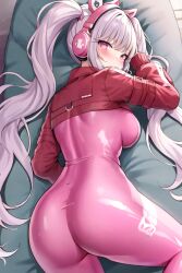 ai_generated alice_(nikke) ass bed blush bodysuit bodysuit_and_jacket bodysuit_under_clothes breasts cropped_jacket embarrassed female from_behind gloves goddess_of_victory:_nikke headphones huge_ass jacket long_hair looking_at_viewer looking_back medium_breasts pink_eyes purple_hair shiny shiny_clothes shiny_hair sideboob skin_tight solo thick_thighs twintails very_long_hair