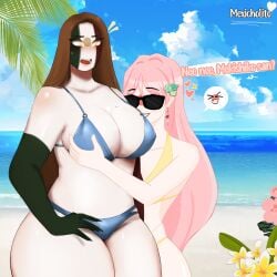 2girls beach big_breasts big_thighs bikini blush brown_hair collaboration countryhumans countryhumans_girl earrings female female_only flower flower_in_hair gloves heart idkcocco japan_(countryhumans) japanese_text legs long_hair mexico_(countryhumans) pink_hair spanish_text text very_long_hair white_body white_skin yellow_eyes yuri