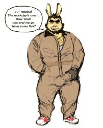 1boy 2023 anthro beard body_fur body_hair bulge chest_hair clothed clothing coveralls ear_piercing erection erection_under_clothing facial_hair genital_outline hand_on_bulge hi_res inviting lagomorph leporid looking_at_viewer male male_only mammal manly mature_male no_visible_genitalia one_eye_closed pecs penis_outline piercing rabbit shirt simple_background solo speech_bubble testicle_bulge topwear tora_gy undershirt white_background wink winking_at_viewer work_gloves