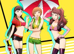 3girls amagi_yukiko belt belt_buckle black_eyes black_hair black_shorts black_vest bra breasts brown_eyes brown_hair detached_sleeves earrings green_shorts green_vest hairband hand_on_hip holding_umbrella kujikawa_rise long_hair looking_at_viewer medium_breasts midriff navel persona persona_4 purple_bra race_queen red_bra red_vest satonaka_chie short_hair short_shorts shorts thighhighs twintails ueyama_michirou umbrella vest yellow_bra