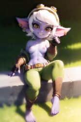 1girls ai_generated animal_ears athletic_female breasts colored_skin feet female goggles goggles_on_head league_of_legends nipples partially_clothed purple_skin seductive_smile short_hair shortstack stable_diffusion thanatosai tristana white_hair yellow_eyes yordle