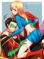 1boy 1girls batman_(series) blonde_female blonde_hair blue_eyes blush cape chain247 cowgirl_position damian_wayne dc dc_comics female female_on_top girl_on_top gloves hero heroine kara_danvers kara_zor-el light-skinned_female light_skin male male/female mask on_lap panties_around_leg panties_around_one_leg panties_down panties_removed robin_(damian_wayne) robin_(dc) sitting_on_person straight suggestive supergirl superheroine superman_(series) teen_titans tight_clothing