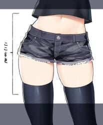 1girls aesthetic big_thighs clothed female_only japanese_text legs light-skinned_female shorts simple_background sky_(freedom) stockings text thighhighs thighs translated white_background