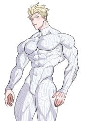 1boy abs abs_visible_through_clothing blonde_hair blue_eyes blush bodysuit bulge cyan_eyes genzonillablack looking_at_viewer male male_only millions_knives muscles_through_clothes muscular muscular_arms muscular_chest muscular_male muscular_thighs pecs serious skin_tight solo solo_male standing tight_clothing trigun trigun_stampede undercut white_background