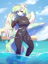 2022 big_breasts blue_eyes breasts equid equine eyebrows_visible_through_hair eyelashes fan_character feathered_wings feathers_in_hair female female_only fensu-san furry furry_only green_hair horse horse_ears horse_girl in_water long_hair my_little_pony navel navel_visible_through_clothes oc patreon_url pegasus surfboard teeth tongue torn_clothes twitter_link url wetsuit white_body white_feathers wings