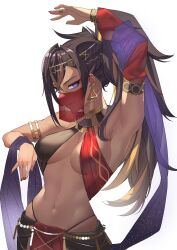 1girls alternate_costume armpits belly_dancer_outfit black_hair blush breasts dancing dark-skinned_female dark_skin dehya_(genshin_impact) earrings genshin_impact harem_outfit hi_res midriff nail_polish navel ponytail red_nails veil