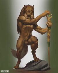 animal_genitalia anthro balls brown_body brown_fur buckovskiart canid canine canis druid fur genitals green_eyes hair hi_res magic_user male mammal mane mane_hair muscular muscular_male realistic_lighting sheath solo staff standing standing_on_object tribal_spellcaster wolf