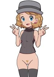 blonde_hair blonde_pubic_hair blue_eyes cometorta cute game_freak grey_hat hat looking_at_viewer peace_sign pokemon pokemon_journeys pubic_hair self_upload serena_(pokemon) short_blonde_hair short_hair small_breasts standing stockings white_background