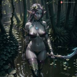 2023 ai_generated armored_bikini bikini blizzard_entertainment blue_eyes bow breasts cleavage elf female glowing_eyes hunter_(warcraft) in_the_woods leaves night_elf night_elf_hunter purple_hair purple_skin skizzen stable_diffusion warcraft wide_hips world_of_warcraft