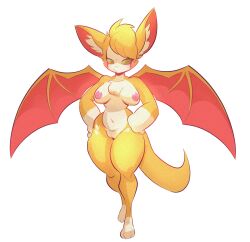 absurd_res anthro bat breasts casual_nudity dust:_an_elysian_tail female fidget_(elysian_tail) fur genitals green_eyes hands_on_hips hi_res jdwalkrat mammal nimbat orange_body orange_fur pussy solo white_body white_fur wings