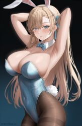 1girls abp_art armpits arms_up asuna_(blue_archive) asuna_(bunny)_(blue_archive) blonde_hair blue_archive blue_eyes blush breasts bunny_ears bunny_girl bunnysuit cleavage female hair_over_one_eye highleg_leotard large_breasts leotard light-skinned_female light_skin long_hair millennium_science_school_student tights