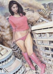 1girls asian asian_female city city_destruction drawing giantess high_heels knee_high_boots long_hair midriff navel pink_boots pink_shirt pink_underwear