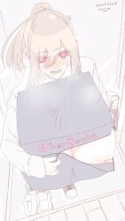 1girls blush box breasts_in_box delivery delivery_girl female gift gigantic_breasts heart-shaped_pupils joke mnjs nipples partially_clothed standing uber