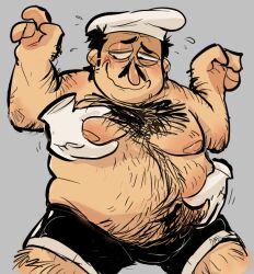 1boy belly belly_rub big_belly blush dirtymfs disembodied_hand fat fondling hairy male male/ambiguous mature mature_male moob_grab moobs overweight_male pectoral_grab peppino_spaghetti pizza_tower underwear_only worship