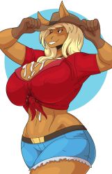 1girls adjusting_hat anthro armpits big_breasts blonde_hair blush brown_body commission cowboy_hat cowboy_outfit cum cum_on_breasts equine female female_only hi_res horse_ears long_hair looking_at_viewer narrowed_eyes nipple_bulge slightlysimian smiling smiling_at_viewer solo teeth_showing thick_thighs