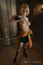 3d areolae ashley_graham ashley_graham_(ella_freya) big_breasts blonde_hair blue_eyes busty capcom casual female gun holding_gun hourglass_figure miniskirt pale_skin perky_breasts pinup_pose pointing_at_viewer pointing_gun_at_viewer quinadren resident_evil resident_evil_4 resident_evil_4_remake self_upload skirt smile smiling smiling_at_viewer solo solo_female topless_female