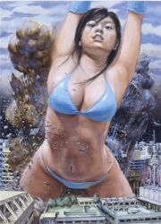 1girls bikini blue_bikini brown_hair brown_hair city city_destruction destruction giantess looking_at_viewer midriff navel oil_painting painting_(artwork) short_hair