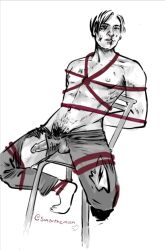 bondage bound female femdom highres leon_scott_kennedy male male_only malesub non-web_source penis resident_evil resident_evil_2 resident_evil_4 sex_toy torn_clothes torture vibrator wand