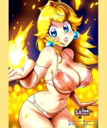 1girls blonde_hair blue_eyes blush bra busty cleavage crown earrings female female_only fire fire_flower fire_peach floral_print long_gloves mario_(series) night outdoors panties princess_peach sasatseng solo standing super_mario_bros. super_mario_bros._(2023_film) thick_thighs underwear underwear_only