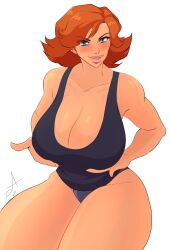 2021 artist_signature blue_eyes cleavage holding_breast huge_breasts kojima_productions looking_at_viewer meryl_silverburgh metal_gear_solid muscular_female panties pranky red_hair tank_top thunder_thighs