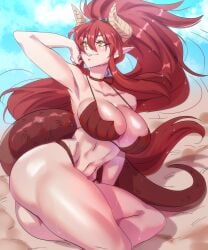 1girls beach big_ass big_breasts big_butt bikini breasts dragon_girl female female_focus female_only horns nisego red_hair red_tail solo solo_female sweat sweatdrop sweating tagme thick_thighs virtual_youtuber vshojo yellow_eyes zentreya