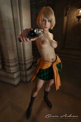 3d areolae ashley_graham ashley_graham_(ella_freya) big_breasts blonde_hair blue_eyes busty capcom casual female gun holding_gun hourglass_figure pale_skin perky_breasts pinup_pose pointing_at_viewer pointing_gun_at_viewer quinadren resident_evil resident_evil_4 resident_evil_4_remake self_upload skirt smile smiling smiling_at_viewer solo solo_female topless_female