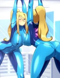 1girls big_butt butt cammy_stretch female lindaroze metroid nipples nipples_visible_through_clothing pussy pussy_visible_through_clothes samus_aran solo zero_suit_samus