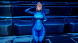 1girls 3d arcrad arm_behind_back female hourglass_figure imminent_hypnosis large_breasts metroid pre-transformation salute samus_aran short_hair transformation wide_hips