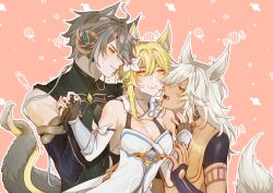 1girls 2boys alhaitham_(genshin_impact) animal_ears animal_tail blonde_hair blush cat_ears cat_tail cyno_(genshin_impact) female flower_in_hair fox_ears fox_tail genshin_impact hand_grab lumine_(genshin_impact) male sandwiched tail tails_touching white_hair wolf_ears wolf_tail yellow_eyes