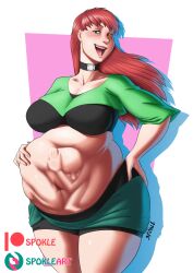 1girls ambiguous_prey black_bra bra breasts clothing collar drool exposed_belly face_imprint female_pred green_eyes green_shirt hand_on_belly hand_on_hip large_breasts long_hair midriff mini_giantess navel red_hair rubbing_belly shorts size_difference spokle teasing thighs vore vore_belly