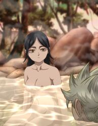 1boy 1boy1girl 1girls artist_request asta_(black_clover) bath black_clover black_hair breasts female male medium_breasts nipples sitting tagme unseen_male_face wet yami_ichika