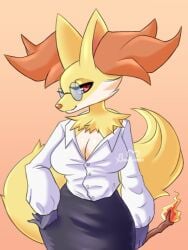 1girls 2d big_breasts breasts buutymon cleavage clothed delphox female fully_clothed fur glasses office_lady pokémon_(species) pokemon red_eyes smile tail thick_thighs wide_hips