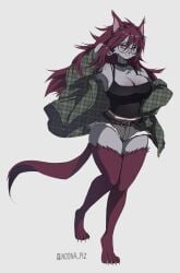 2023 4_toes :3 anthro big_breasts blush breasts cat_ears catgirl cheek_tuft chest_tuft claws cleavage collar feline female female_only furry furry_only glasses grey_body grey_fur half-closed_eyes jean_shorts long_hair noona_plz purple_eyes purple_fur purple_hair round_glasses scar short_shorts shorts signature tail tank_top