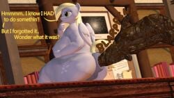 anthro anus blonde_hair derpy_hooves english_text equid equine feathered_wings feces friendship_is_magic grey_body grey_feathers grey_fur hasbro mammal milzyywilzyy my_little_pony pegasus pooping scat teeth text wings