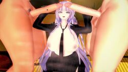 1girls 2boys big_breasts big_penis clothed competition competitive competitive_sex danganronpa danganronpa_killer_killer double_handjob female kirigiri_kyouko koikatsu lavender_hair leifruby2 long_hair mmf_threesome naegi_makoto penis semi_clothed straight_hair tagme takumi_hijirihara threesome unseen_male_face