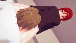 3d animated big_breasts clothed cunnilingus finisterrex jennika_(genex_love) licking purple_eyes red_hair tagme video white_garter_straps