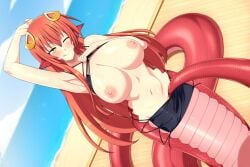 :d areolae arm_behind_head beach blush hair_ornament lamia large_breasts lindaroze long_hair miia_(monster_musume) monster_girl monster_musume_no_iru_nichijou navel nipples outside pointy_ears swimsuit wink