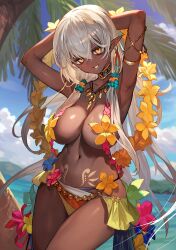 1girls armlet armpits arms_behind_head arms_up blue_sky breasts cheeky cleavage cloud commentary_request convenient_censoring cowboy_shot cute dancer dark-skinned_female dark_elf dark_skin day ear_piercing elf elf_ears elf_girl female female_only flower_wreath hair_between_eyes hands_behind_head highres jewelry lack loincloth long_hair looking_at_viewer mountainous_horizon navel necklace orange_eyes original outdoors palm_tree parted_lips perfect_body piercing pixiv pointy_ears pubic_tattoo public_topless seductive seductive_smile sky smile solo tattoo tooth_necklace topless tree tribal twitter water white_hair wide_hips wreath