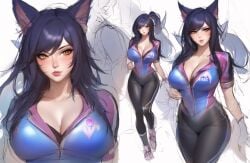 9_tails ahri big_breasts blijeballon blue_hair cleavage concept_art fit_female fox_ears league_of_legends league_of_legends:_wild_rift nine_tailed_fox pit_girl riot_games tight_pants vastaya whisker_markings yellow_eyes