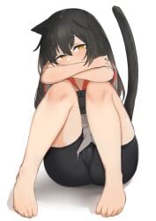 black_hair black_pants cat_ears cat_tail daebom ears_down feet military_uniform panther_a panther_a_(daebom) pussy_visible_through_clothes sitting sleepy small_breasts thighs tired vest war_thunder wet_skin yellow_eyes