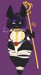 anthro asking_for_sex big_breasts big_thighs black_fur cat_girl cat_humanoid catgirl chubby_female egyptian egyptian_cat fangs furry furry_tail horny_female in_heat_(game) monster_girl mummy_wrappings neisucksatart nile_(in_heat) plump purple_eyeshadow purple_hair skindentation solo_anthro staff tail thick_legs thick_thighs