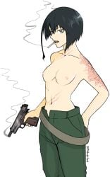 artist_signature black_eyes black_hair black_hair_female breasts casual casual_nudity casual_topless cigarette cigarette_in_mouth cigarette_smoke disfigured female firearm gun holding_gun holding_object holding_weapon looking_at_viewer nipples nonsexual_nudity pants scar scar_on_arm scar_on_neck scar_on_stomach scarred scars shirtless shirtless_female smoking smoking_cigarette smoking_gun solo topless weapon white_background yblndr