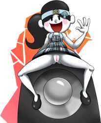 2022 black_hair bottomless clothing dress female headband long_hair looking_at_viewer mob_face nintendo pamvllo ponytail presenting presenting_pussy pussy rhythm_heaven rhythm_masters rhythm_tengoku shoes siivagunner siivagunner_king_for_a_day_tournament_(series) sitting sitting_on_speaker speaker tap_trial_girl white_body yuka_(rhythm_tengoku)