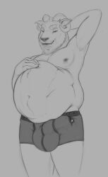 after_vore anthro bodily_fluids bovid boxer_briefs boxers boxers_(clothing) bulge caprine clothing duo genital_fluids goat hi_res looking_at_viewer looking_pleasured male male/male male_underwear mammal mostly_nude nipples precum solo_focus tiel underwear unseen_character vore