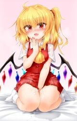 after_sex ascot bed blonde_hair blush breasts buttons collared_shirt covering covering_crotch crystal cum cum_in_pussy cum_on_legs fingernails flandre_scarlet hair_between_eyes hair_ornament hand_up highres large_breasts long_fingernails looking_at_viewer marukyuu_ameya medium_breasts multicolored_wings nail_polish no_headwear no_shoes oerba_yun_fang on_bed one_side_up open_mouth pink_background puffy_short_sleeves puffy_sleeves red_eyes red_nails red_skirt red_vest shirt short_hair short_sleeves simple_background sitting skirt skirt_set smile socks sweat sweatdrop tongue touhou vest white_shirt white_socks wings yellow_ascot