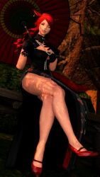 3d blue_eyes body_freckles crossed_legs dress exposed_legs final_fantasy final_fantasy_xiv freckled_skin freckles gpose(ffxiv) grinning looking_at_viewer miqo'te oriental_clothing red_hair rosanne_leia_faerwing rosefaerwing