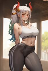 1girls ai_generated amiral_ai breasts female female_only gym_uniform horns large_breasts long_hair one_piece red_eyes slim_waist sports_bra sportswear thick_thighs tight_clothing white_hair yamato_(one_piece) yoga_pants