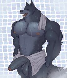 2023 abs anthro areola ass balls barazoku biceps big_penis biped body_hair boner canid canine canis digital_media_(artwork) erection fleshformomo foreskin fur genitals glans grey_body grey_fur hairy_balls half-erect happy_trail hi_res humanoid_genitalia humanoid_penis jayden_(fleshformomo) male male_only mammal muscular muscular_anthro muscular_male navel nipples open_mouth open_smile partially_retracted_foreskin pecs penis pinup pose pubes smile solo steam teeth tongue towel towel_on_shoulder towel_only vein veiny_penis water wet wolf