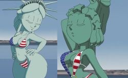 2022 2girls 4th_of_july american american_flag_bikini anthro arms_behind_head arms_up breasts colored crown dark_green_body dark_green_eyelashes dark_green_hair dark_green_skin female female_only full_body full_color hands_on_hips light_blue_body light_blue_eyelashes light_blue_hair light_blue_skin metallic_body multiple_girls posing smiling statue_of_freedom statue_of_liberty tansau